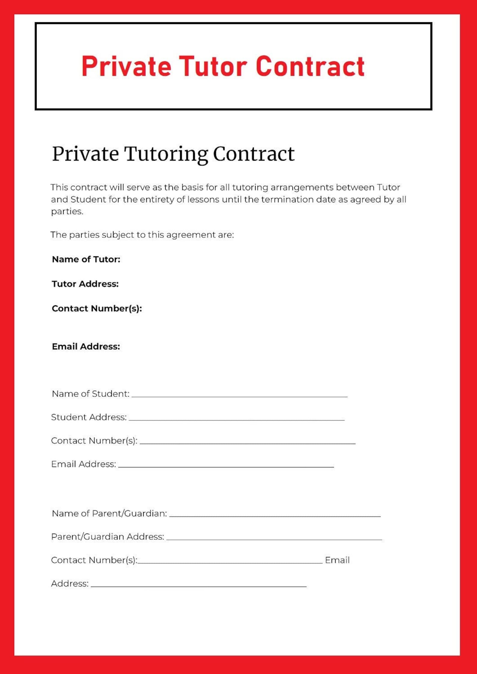 Tutor Contract - Tutoring Contract Template - Tutoring Contract Form ...