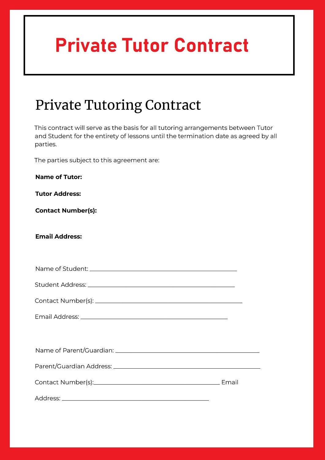 Tutor Contract Tutoring Contract Template Tutoring Etsy UK