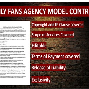 Op de afbeelding: Een rode bakstenen muur met witte tekst die "ONLY FANS AGENCY MODEL CONTRACT" luidt. Onder de tekst bevinden zich vijf rode rechthoeken met witte tekst die "Copyright and IP Clause covered", "Scope of Services Covered", "Editable", "Terms of Payment covered" en "Release of Liability" luidt. Onder de rechthoeken bevindt zich een witte rechthoek met zwarte tekst die "Exclusivity" luidt.