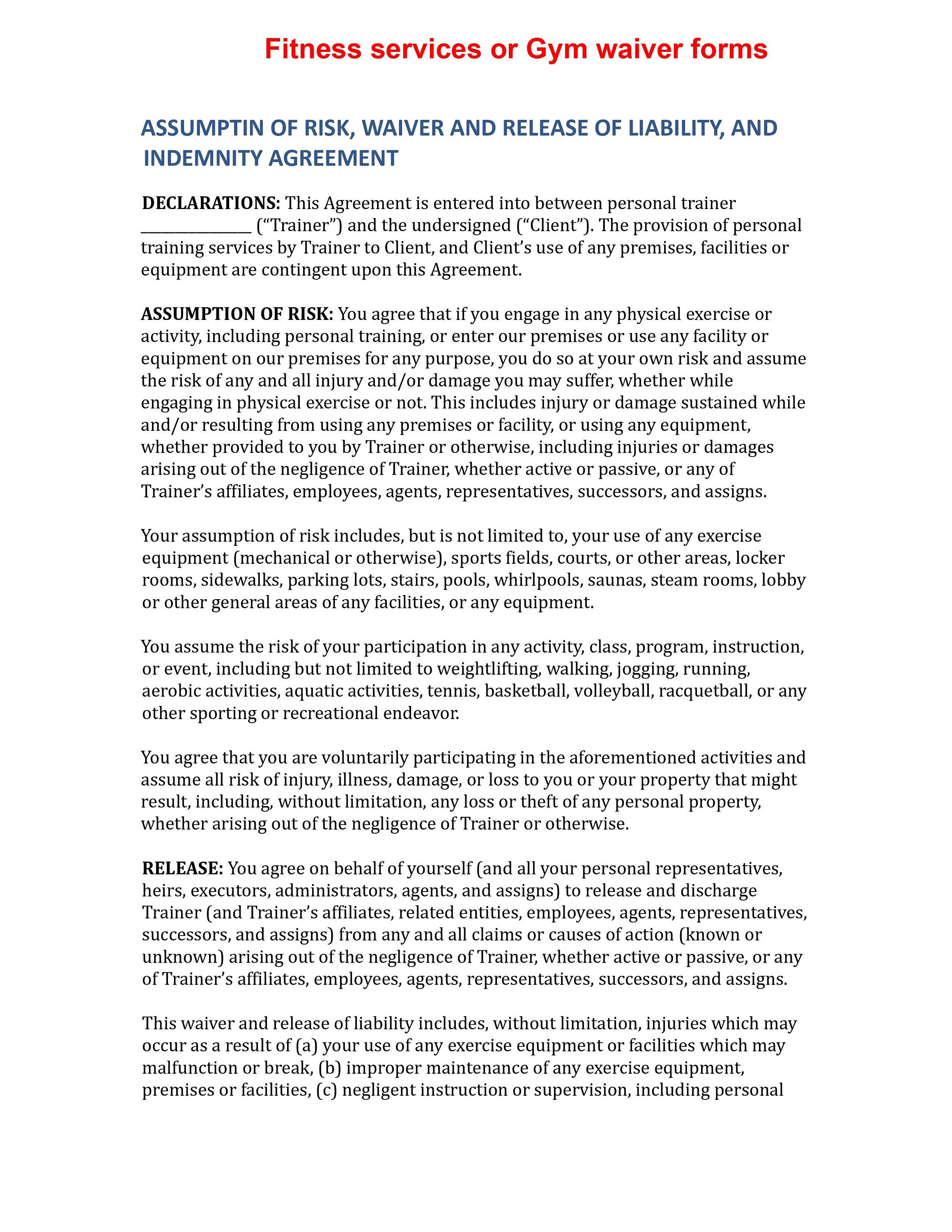 Fitness Services Waiver Template Gym Services Waiver Forms Etsy Australia