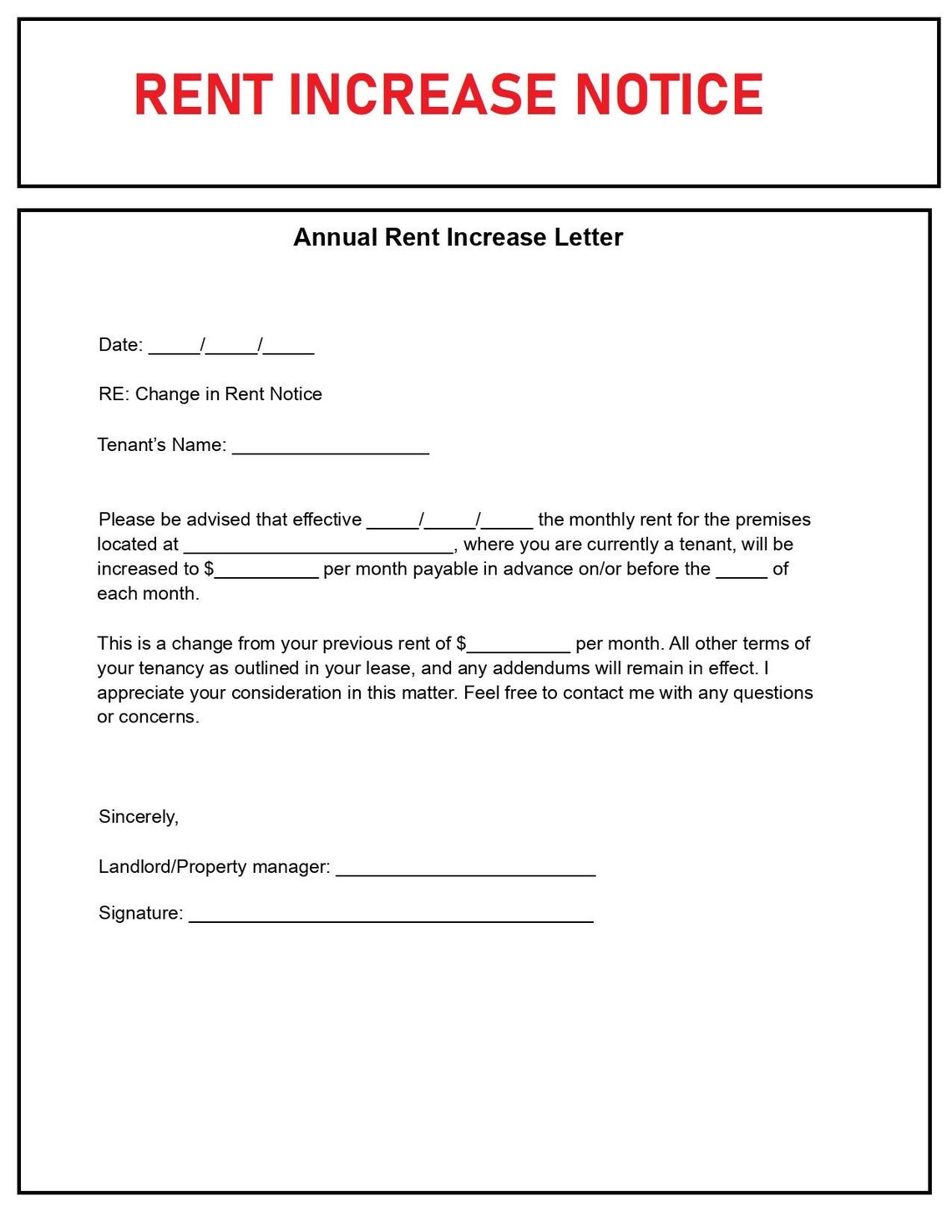 Rent Increase Notice Template Rent Increase Notice Template