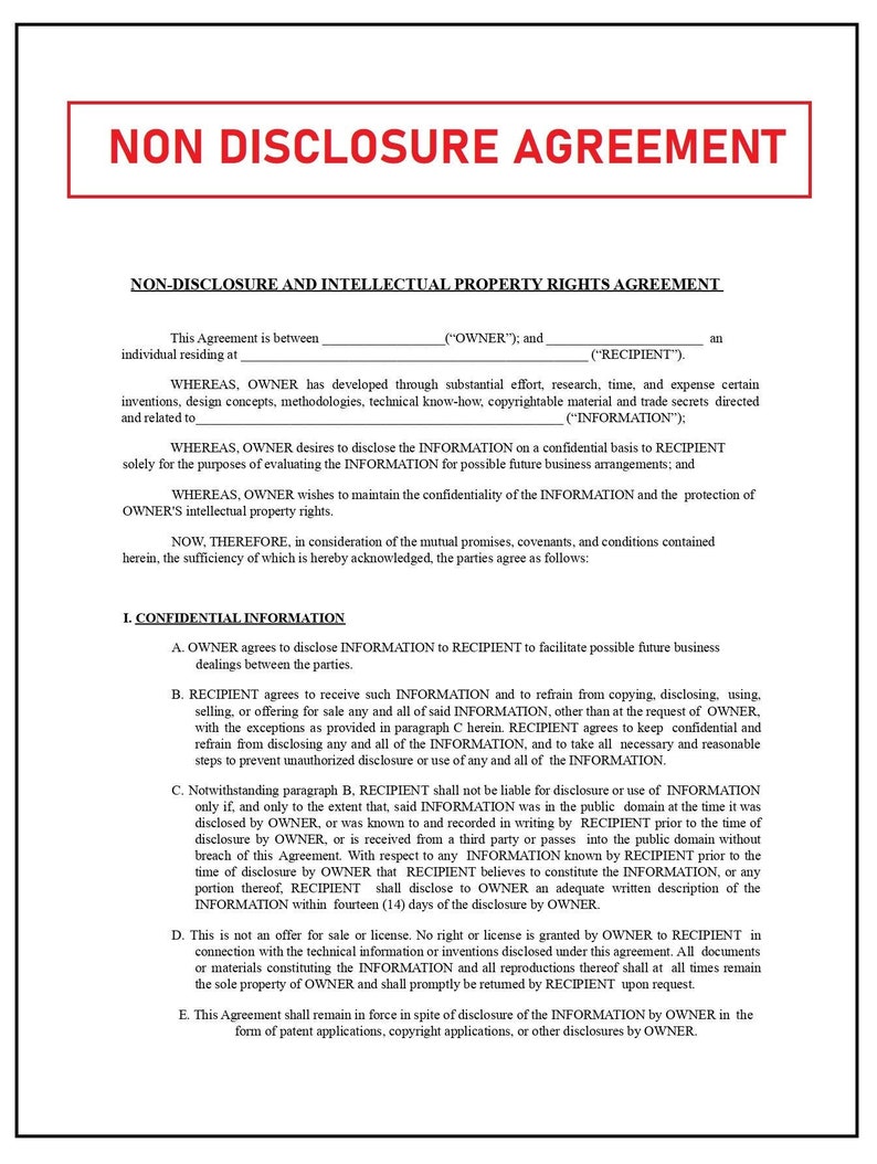 Non Disclosure Agreement Template Nda Forms Nda Template Etsy