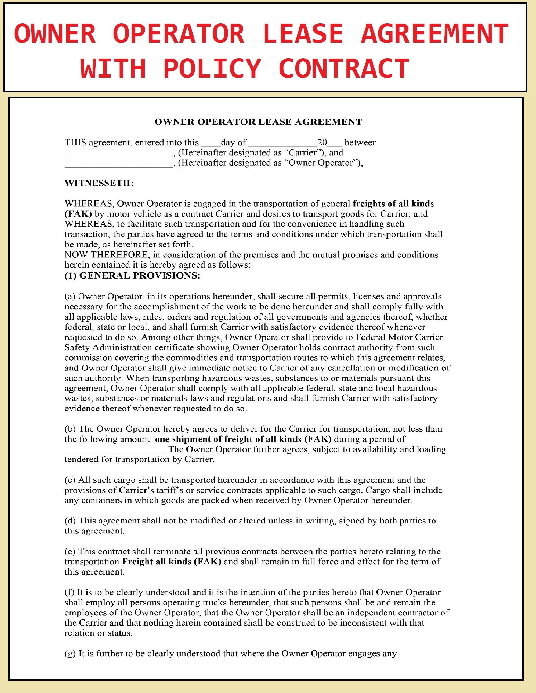 Owner Operator Lease Agreement With Policy Contract Owner Etsy