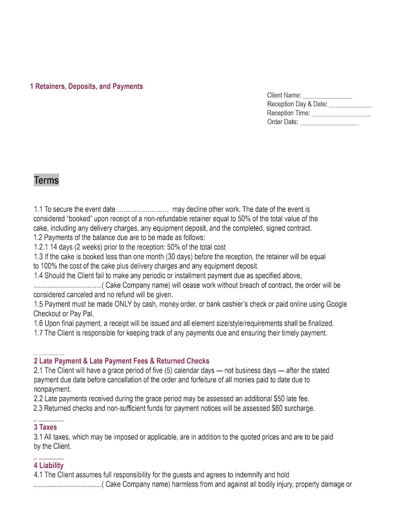 Wedding Cake Contract Template Editable Bakery Client Etsy Wedding Cake Contract Template Editable Bakery Client Etsy