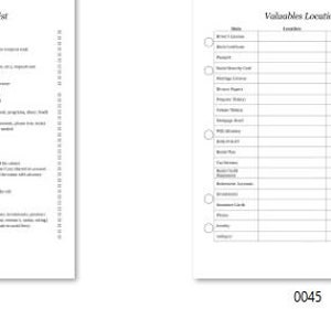 May include: A black and white printable checklist with the title "Loved Ones To Do List" and a list of tasks to complete before, during, and after a loved one's passing. The second page is a checklist titled "Valuables Locations" with columns for item, location, and special requirements.