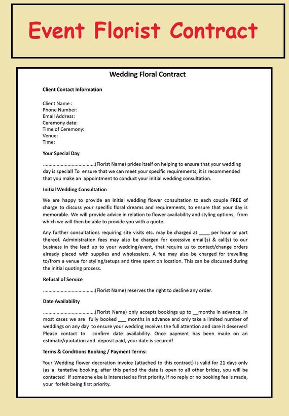 Wedding Floral Contract Template Venue Florist Arrangement Etsy