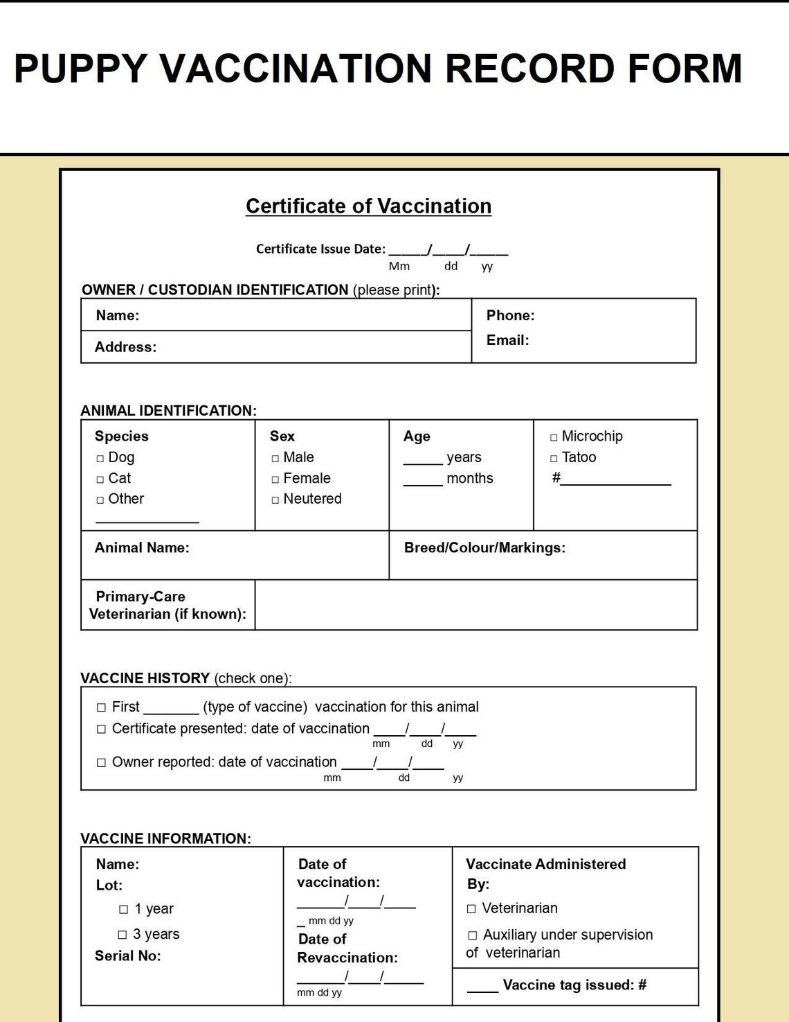Pet Vaccination Record Template Puppy Vaccination Record - Etsy