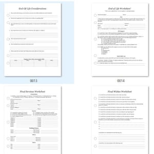 May include: A set of printable worksheets for end-of-life planning. The worksheets cover topics such as dependent care, end-of-life considerations, final wishes, final services, and funeral expenses.