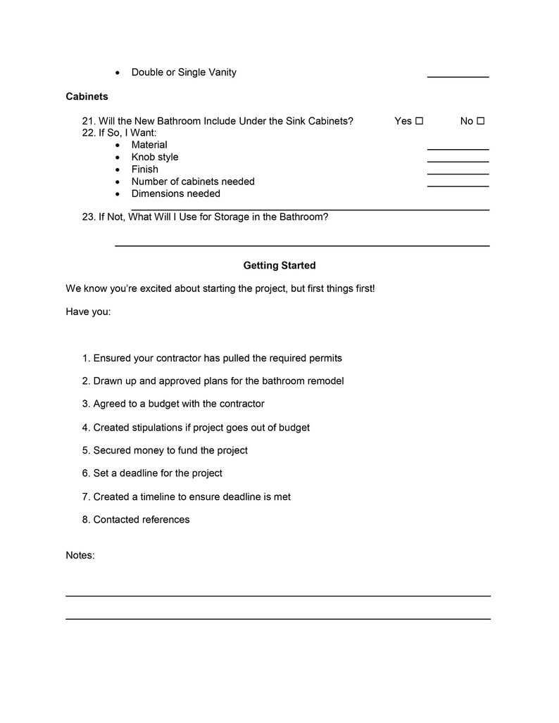 May include: A white document with text related to bathroom remodeling, including questions about cabinets, storage, and a checklist for project preparation. The document includes checkboxes and lines for filling in information.