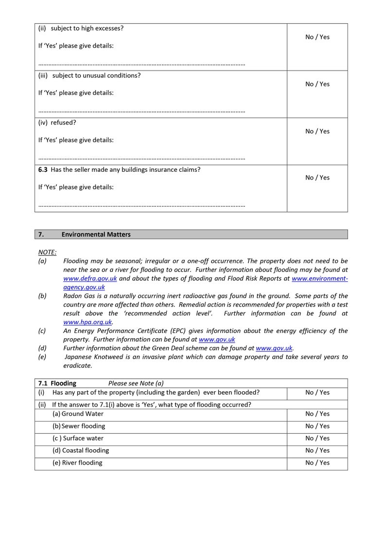 Property questionnaire page covering environmental matters and flooding