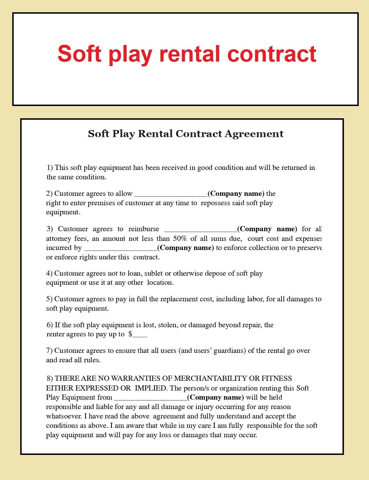 Soft Play Rental Contract Agreement Editable Word and PDF - Etsy