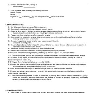 May include: A legal document outlining the responsibilities of a real estate broker and property owner. The document includes sections on advertising costs, loan payments, and the broker's duties to the owner and tenants.
