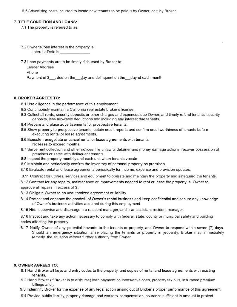 May include: A legal document outlining the responsibilities of a real estate broker and property owner. The document includes sections on advertising costs, loan payments, and the broker's duties to the owner and tenants.