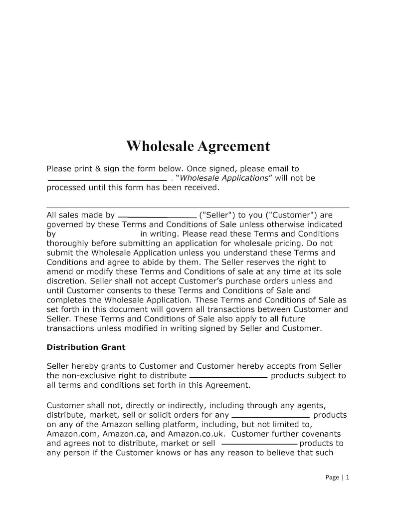 Wholesale Agreement Wholesale Template PDF File Instant Etsy Canada