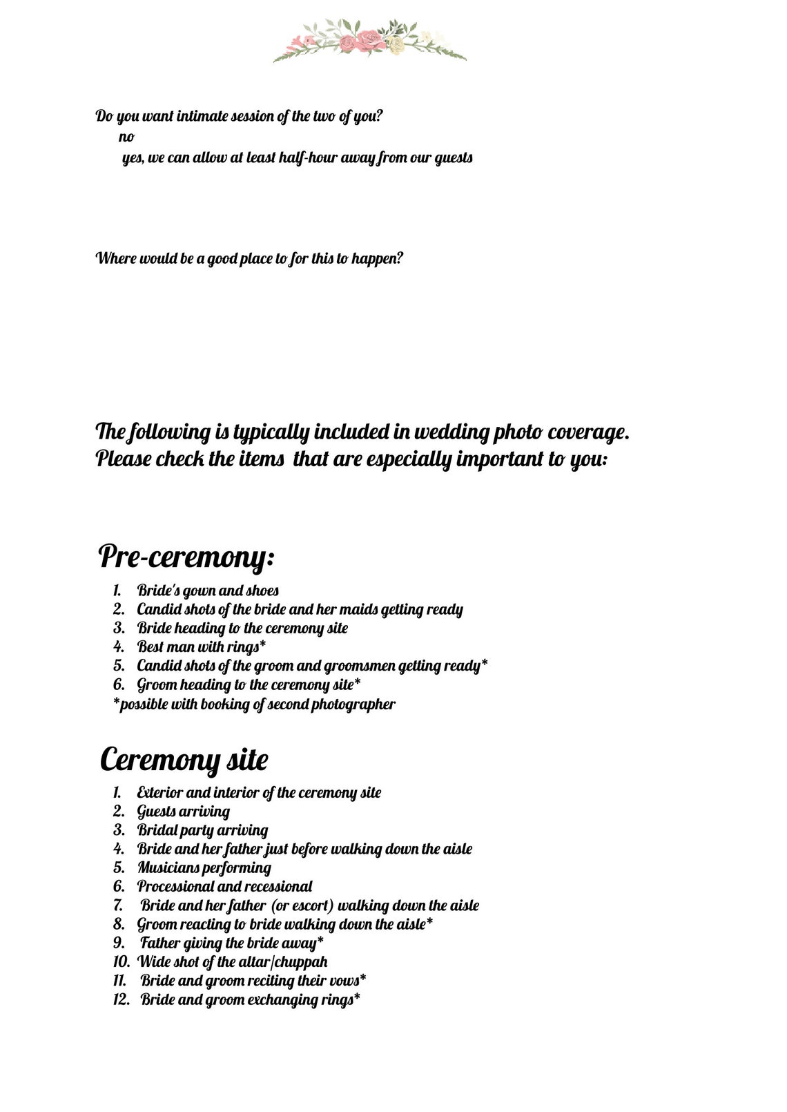 Wedding Photography Questionnaire Form Pre Wedding Etsy
