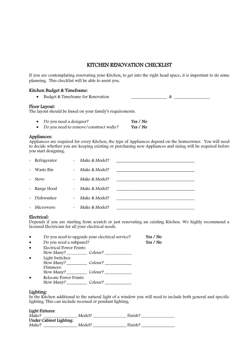 May include: A kitchen renovation checklist with sections for budget, floor layout, appliances, electrical, and lighting. Includes prompts for designer, appliance models, electrical upgrades, and light fixture details. The text is in black on a white background.