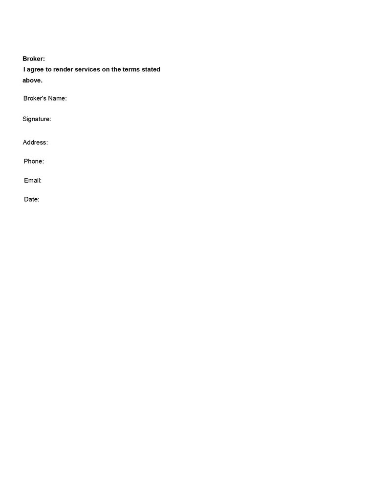 May include: A blank form with the title "Broker:" and fields for the broker's name, signature, address, phone, email, and date.