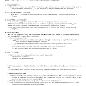 May include: A property management agreement form with sections for retainer period, receipt of security deposits, receipt of cash reserve, brokerage fee, trust account, and periodic accounting. The form includes check boxes and blank spaces for filling in details.