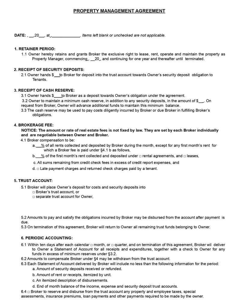 May include: A property management agreement form with sections for retainer period, receipt of security deposits, receipt of cash reserve, brokerage fee, trust account, and periodic accounting. The form includes check boxes and blank spaces for filling in details.