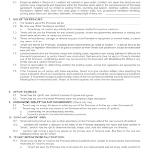 Op de afbeelding: Een juridisch document dat de voorwaarden en bepalingen van een huurovereenkomst tussen een verhuurder en een huurder vastlegt. Het document behandelt onderwerpen zoals de verantwoordelijkheden van de huurder, het gebruik van de ruimte, verbeteringen door de huurder en de toewijzing van de huurovereenkomst.