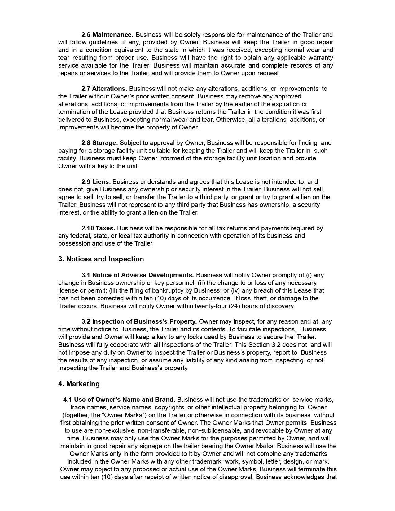 Trailer Rental Agreement Food Truck Lease Contract RV - Etsy