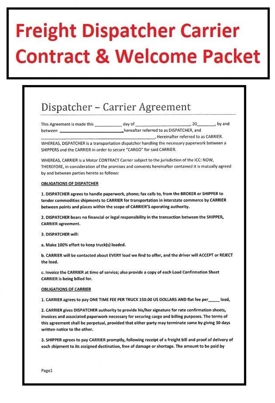 Freight Dispatch Carrier Contract Freight Dispatcher Contract 
