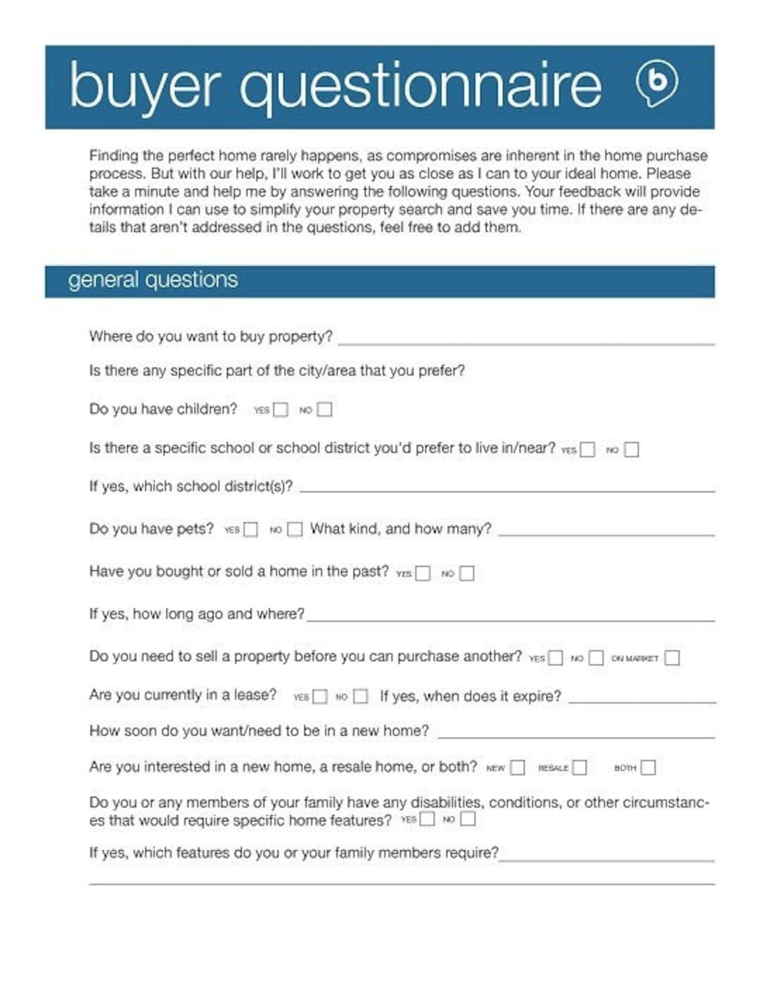 Buyer Questionnaire Real Estate PDF Template Home Buyer Questionnaire