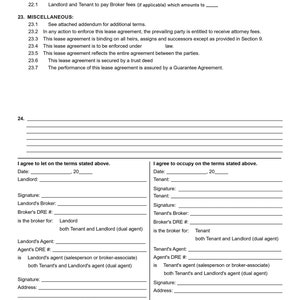 Op de afbeelding: Een leeg juridisch document met de titel "Standaardmaatregelen", "Makelaarskosten" en "Diversen". Het document bevat secties voor verhuurder en huurder om te ondertekenen en contactgegevens te verstrekken.