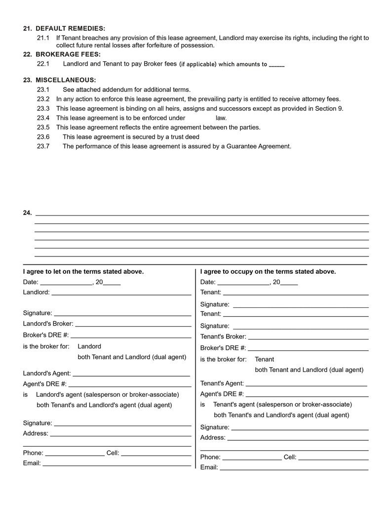 Op de afbeelding: Een leeg juridisch document met de titel "Standaardmaatregelen", "Makelaarskosten" en "Diversen". Het document bevat secties voor verhuurder en huurder om te ondertekenen en contactgegevens te verstrekken.