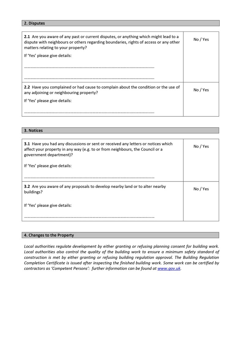 Property questionnaire page showing disputes and notices