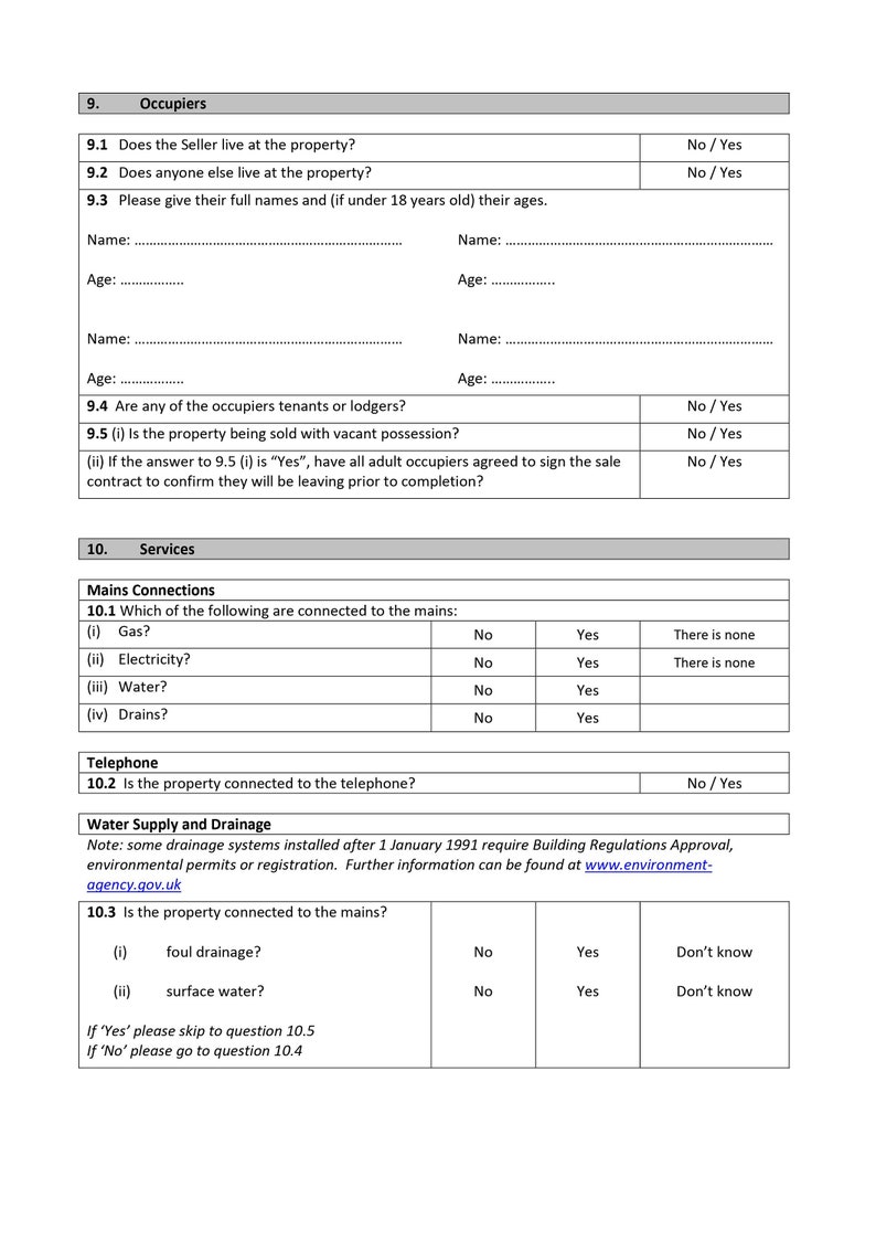 Property questionnaire page showing occupants and connected services