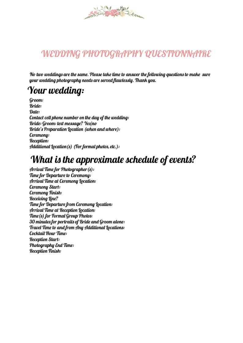 Wedding Photography Questionnaire Form Pre Wedding Etsy