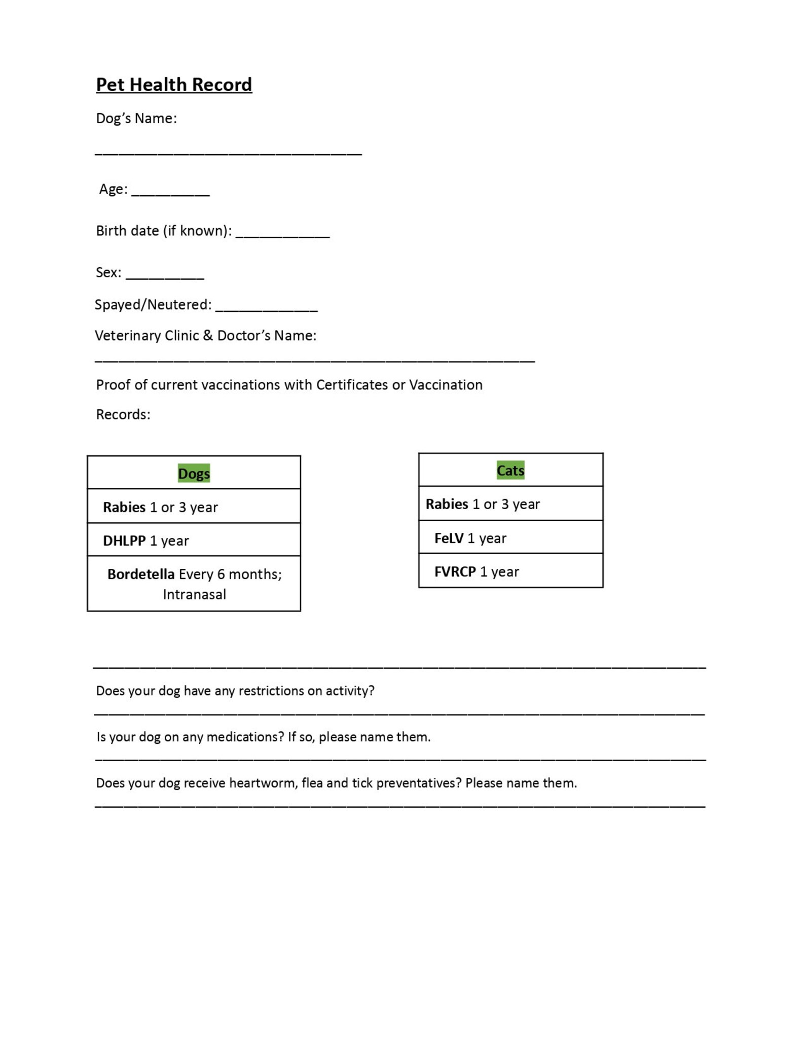 Dog Care Registration Form Pet Boarding Forms Dog Sitters Etsy