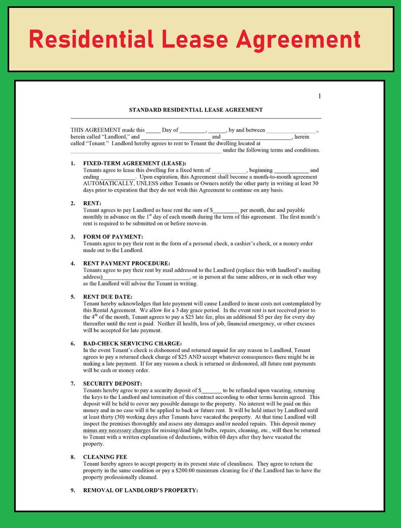 Residential Lease agreement - Rental Lease agreement template - Editable PDF files image 1