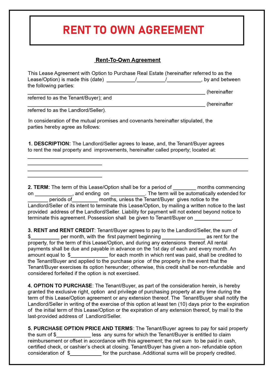 Rent to Own Agreement Lease to Own Option Agreement Lease to