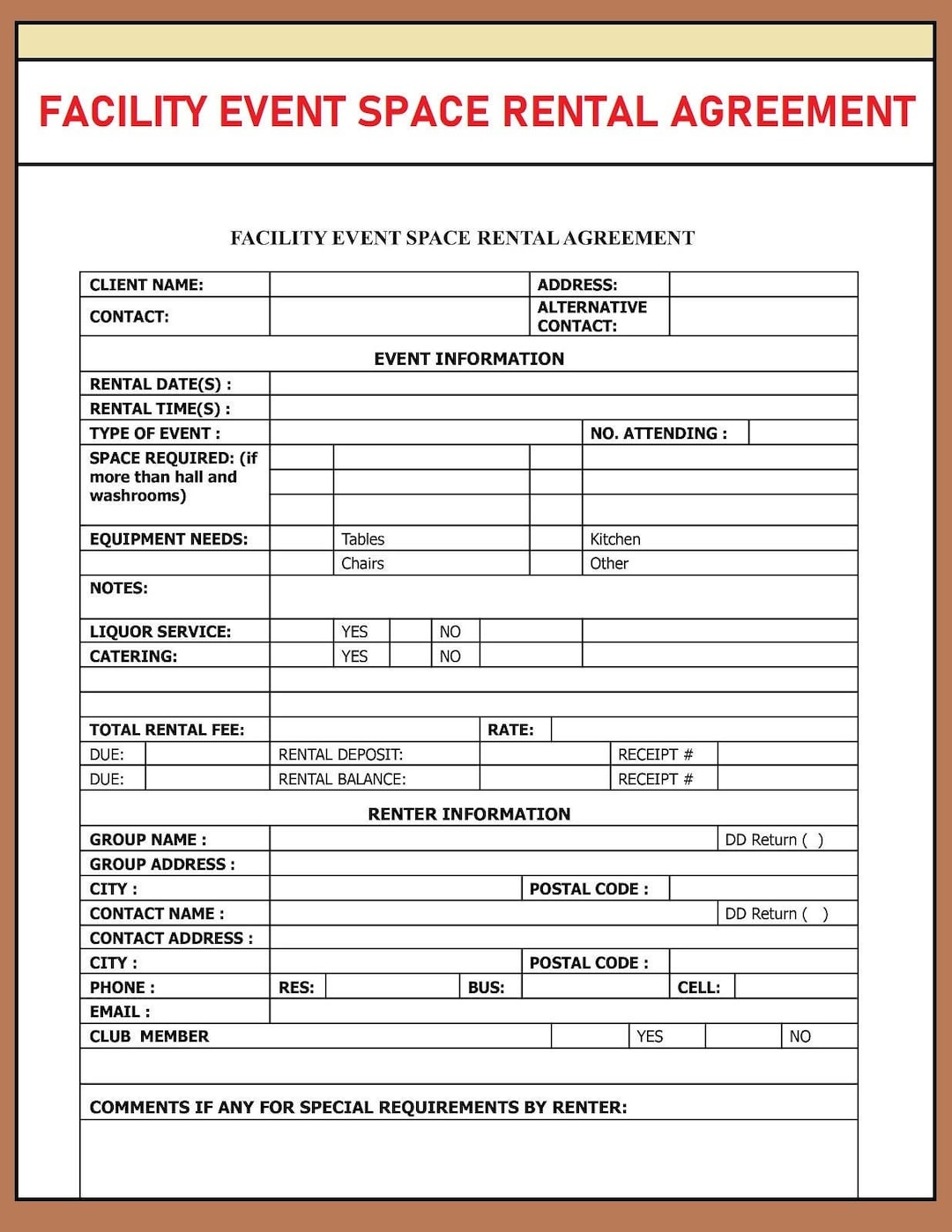 Facility Event Space Rental Agreement - Venue Rental Contract - Event ...