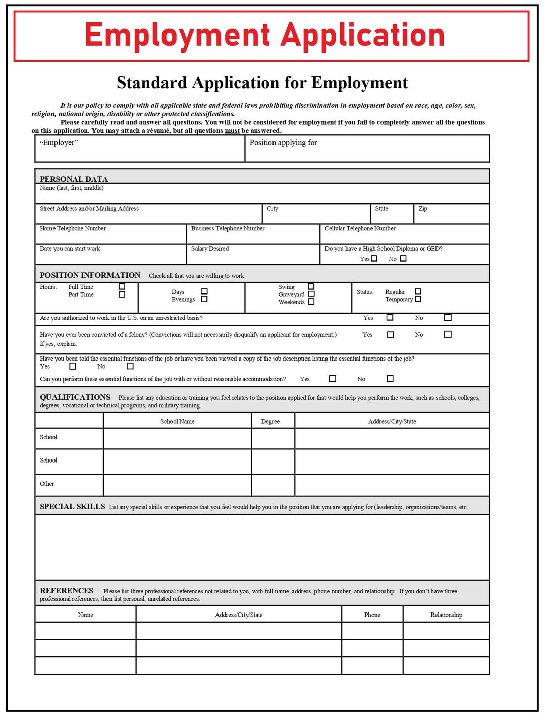 Job Application Form New Employee Form Job Application Template 