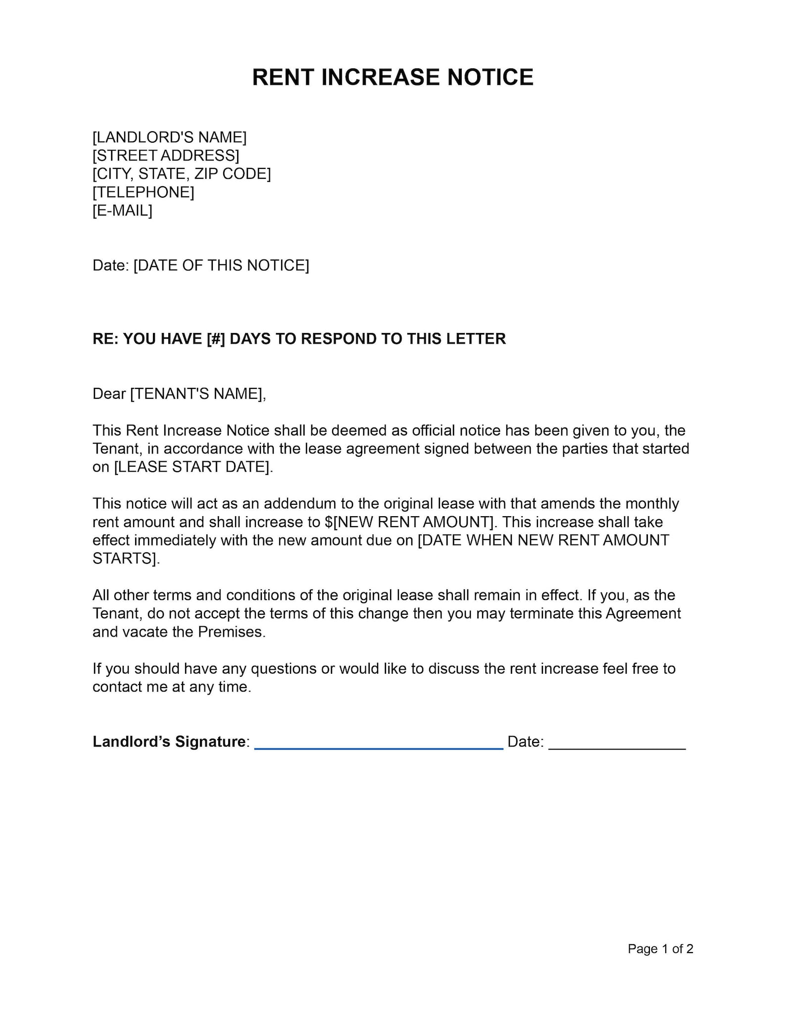 Rental Increase Notice Rent Increase Form Editable Word Etsy