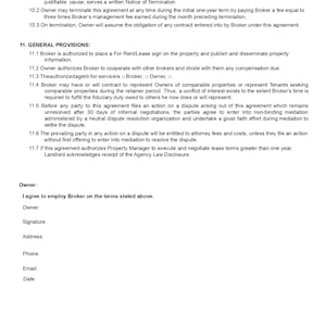 May include: A legal document outlining the terms of an agreement between a Broker and an Owner. The document includes sections on termination, general provisions, and a signature line for the Owner.