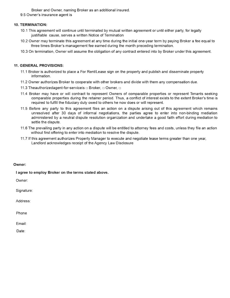 May include: A legal document outlining the terms of an agreement between a Broker and an Owner. The document includes sections on termination, general provisions, and a signature line for the Owner.