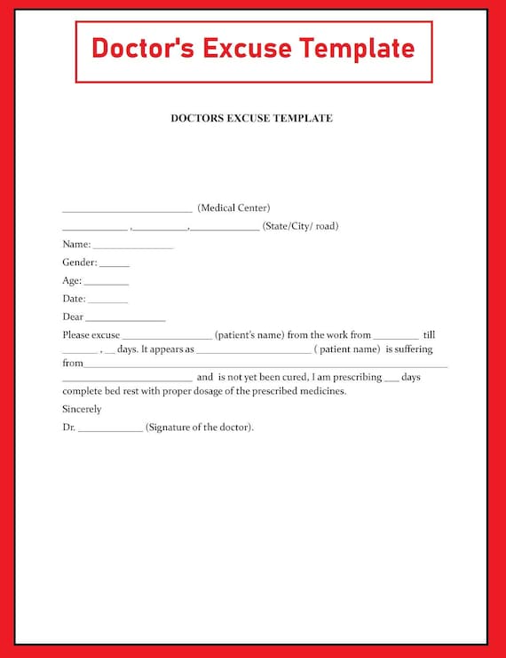 Doctors Excuse Template Work Excuse Doctor Note School - Etsy