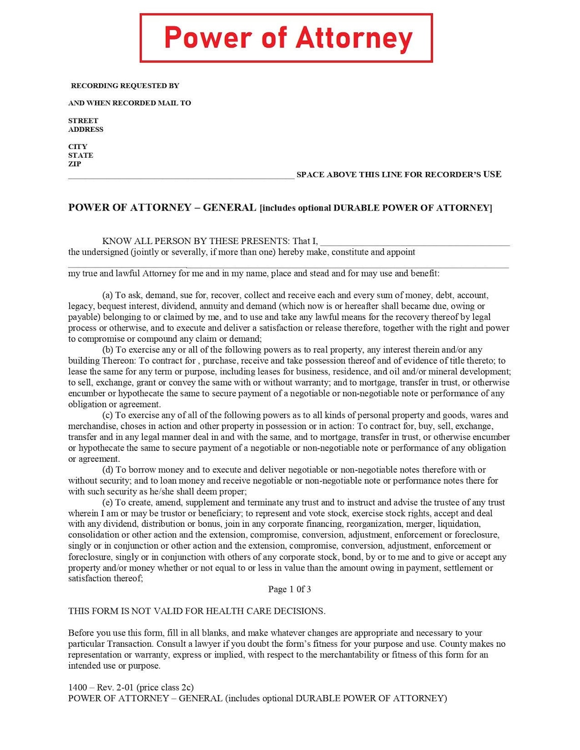 General Power of Attorney POA PDF File Available for - Etsy
