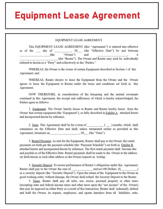 Equipment Rental Agreement Construction Party Etsy