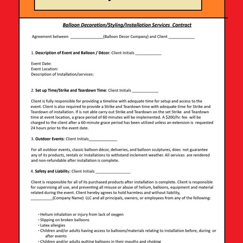 Balloon Decor Contract - Balloon Stylist Contract - Balloon Event Contract - Balloon decoration services agreement Template - word doc