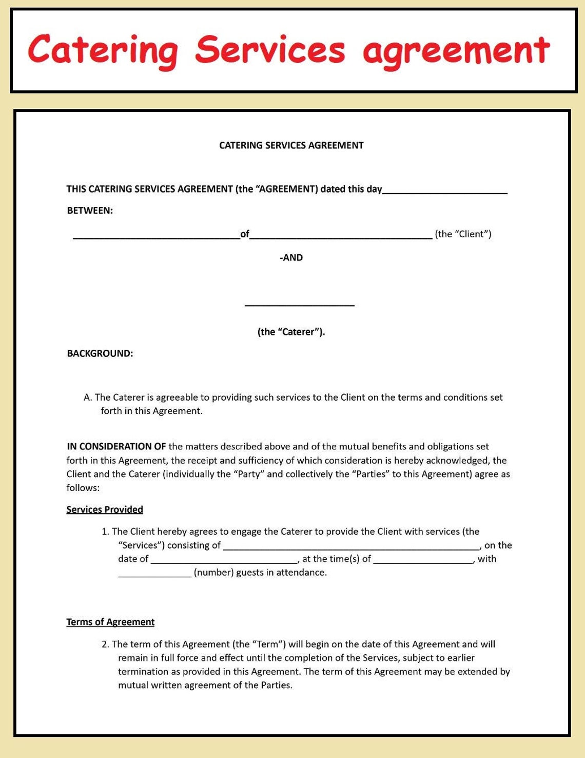 Catering Services Agreement Catering Services Form Etsy