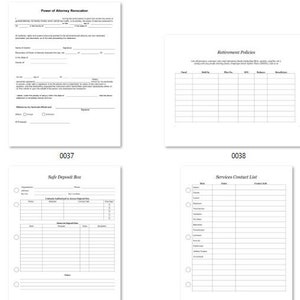 May include: A set of printable forms for business planning. The forms include sections for pet care instructions, power of attorney, retirement policies, resolution of redundancy, resignation of last will and testament, self request box, service contact list, and social media.