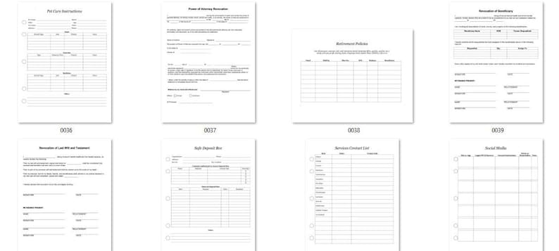 May include: A set of printable forms for business planning. The forms include sections for pet care instructions, power of attorney, retirement policies, resolution of redundancy, resignation of last will and testament, self request box, service contact list, and social media.