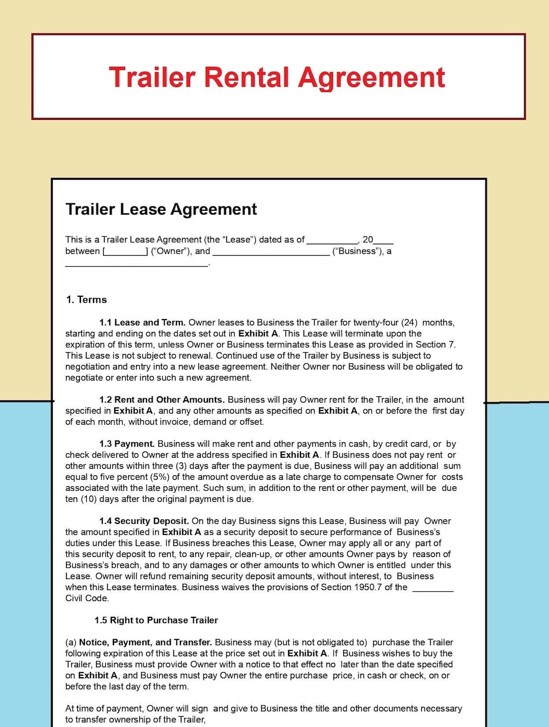 Trailer Rental Agreement Food Truck Lease Contract RV Truck Rental