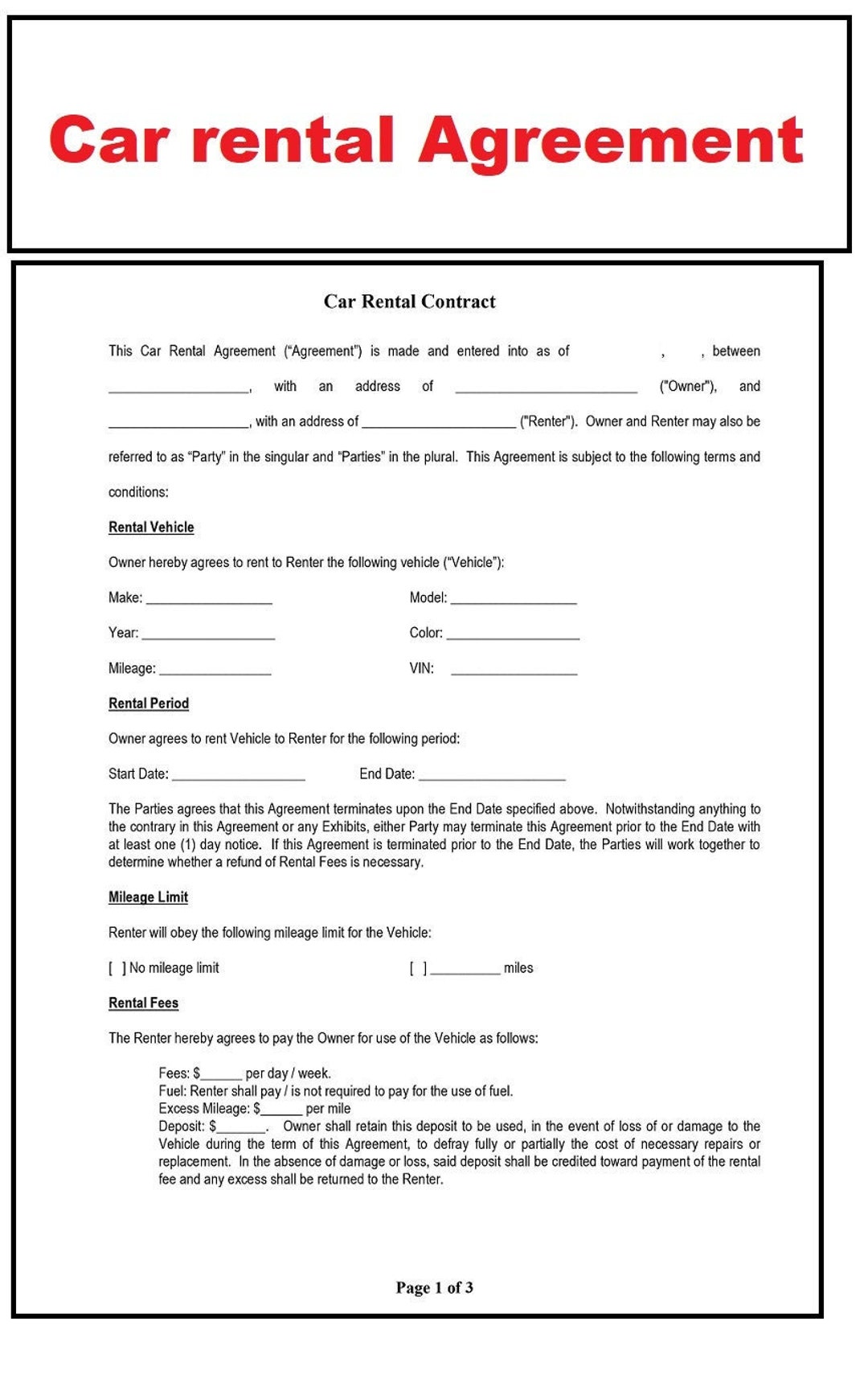 Sample Of A Car Rental Agreement