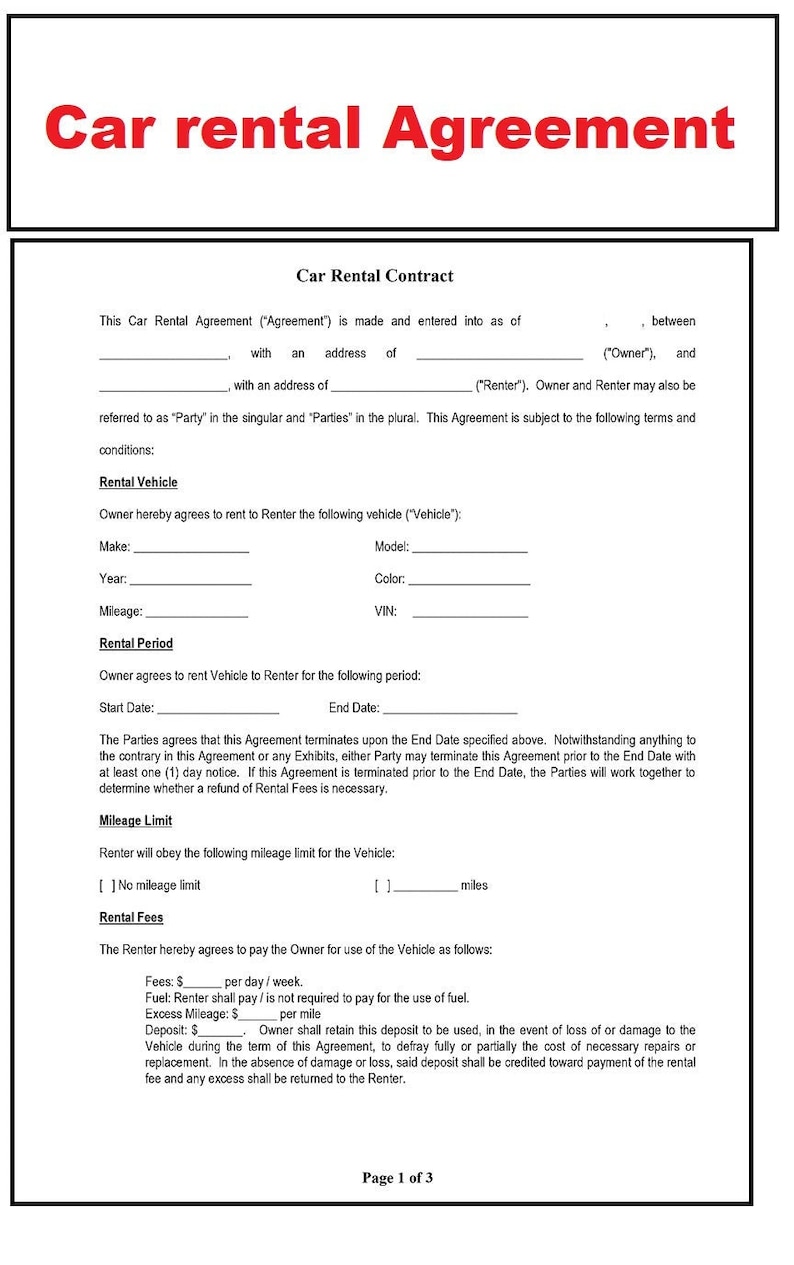 Car rental agreement - Vehicle rental agreement - Car Rentals contract - Editable word and PDF File - Instant download image 1